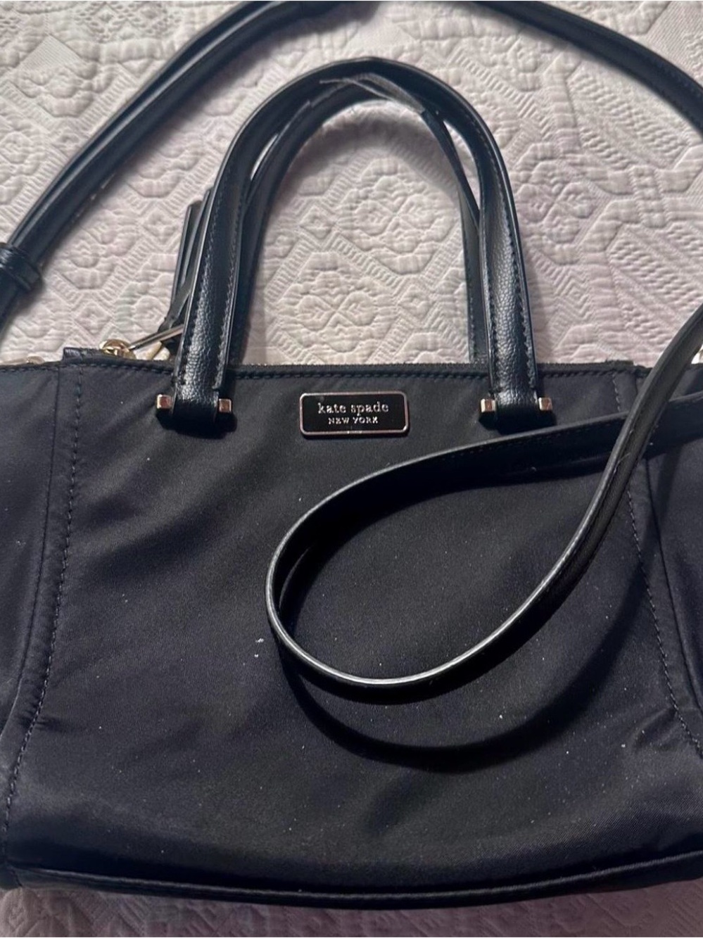 Kate Spade Black Nylon Satchel with Leather Handles and Crossbody Strap